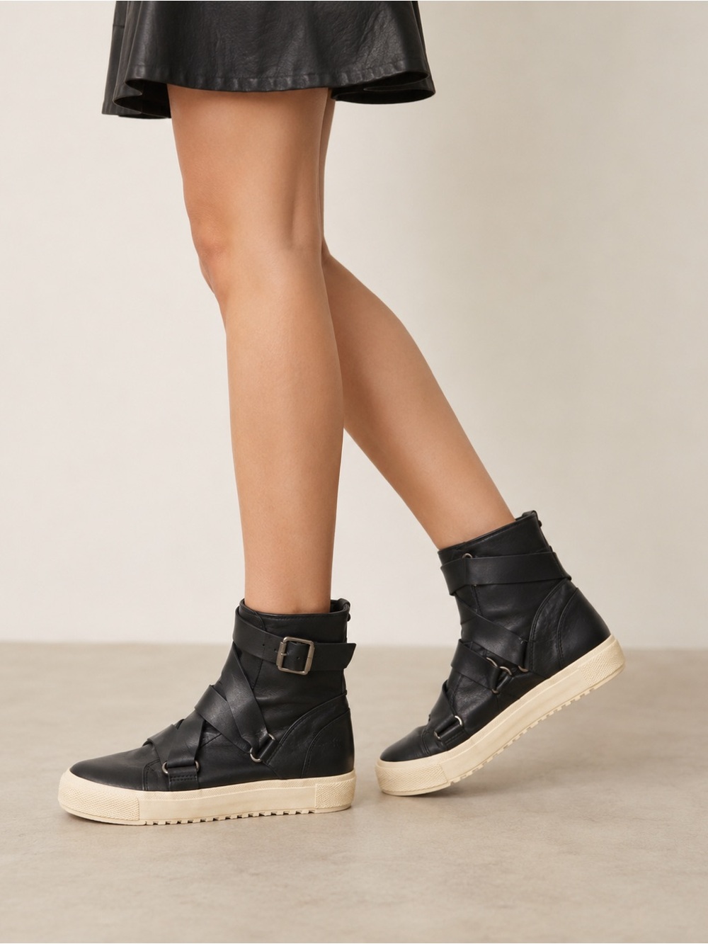 Frye Black Leather High-Top Sneakers with Cream Rubber Sole - Picture 2 of 12